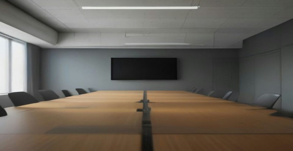 Sala de juntas vacía con una mesa larga de madera, sillas negras y una pantalla apagada