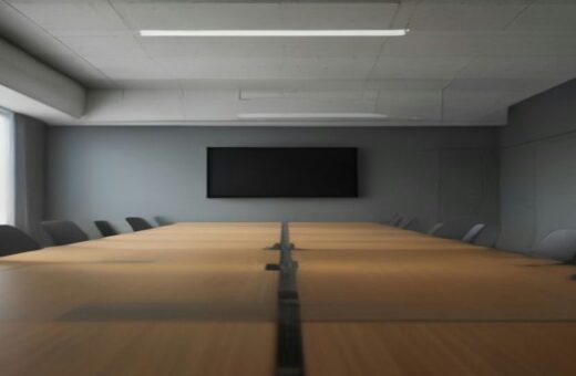 Sala de juntas vacía con una mesa larga de madera, sillas negras y una pantalla apagada