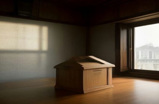 Urna de madera sobre el piso de una sala vacía con una ventana amplia por la que entra luz de tarde