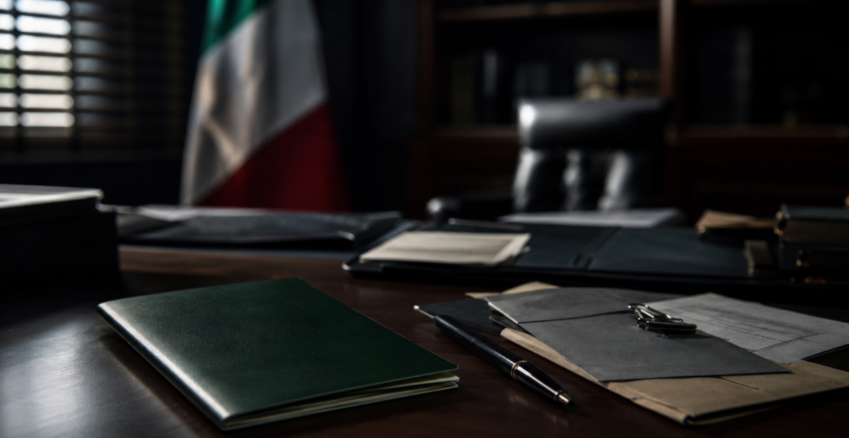 Documentos de viaje sobre un escritorio junto a una bandera de México